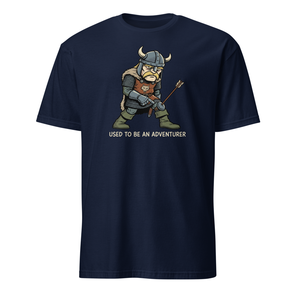 Retired Adventurer City Guard Comic Ink Tee — navy front view