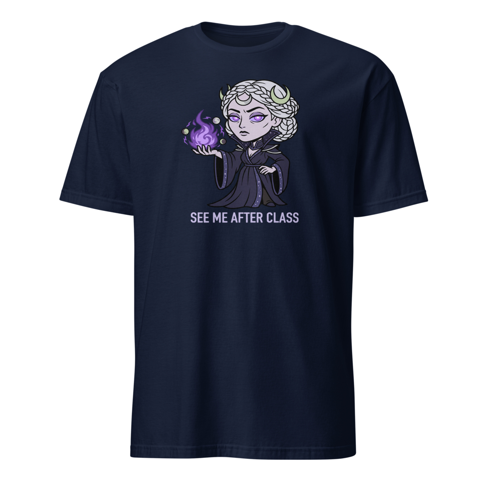 Witch Instructor See Me After Class Spell Tee — navy front view
