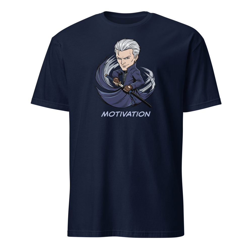 Stoic Swordsman Judgement Slash Motivation Tee — navy front view