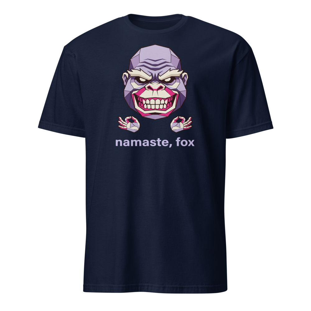 Namaste Fox Meditating Ape Boss Low Poly Tee — navy front view