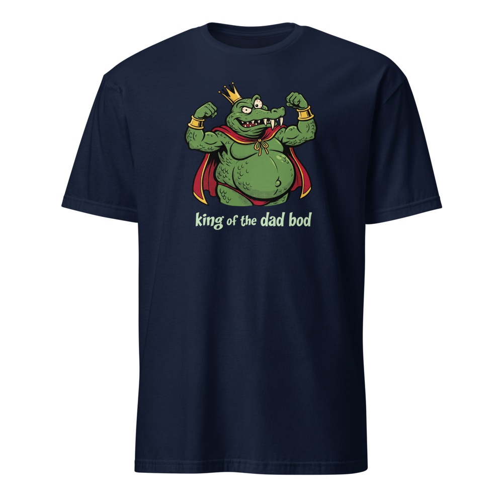 King of the Dad Bod Crocodile Pirate Comic Tee — navy front view