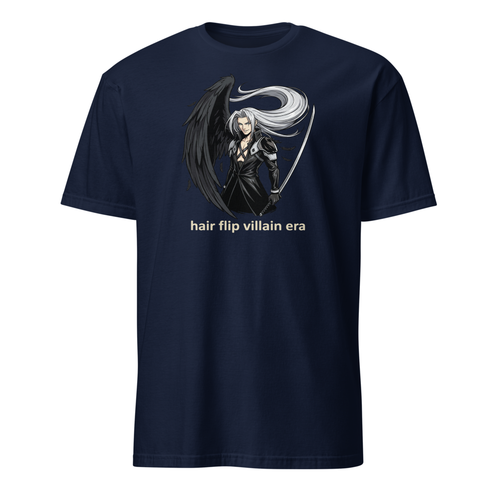 Hair Flip Villain Era Anime Swordsman Tee — navy front view