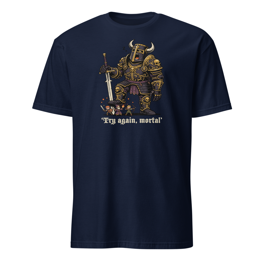Try Again Mortal Optional Superboss RPG Tee — navy front view