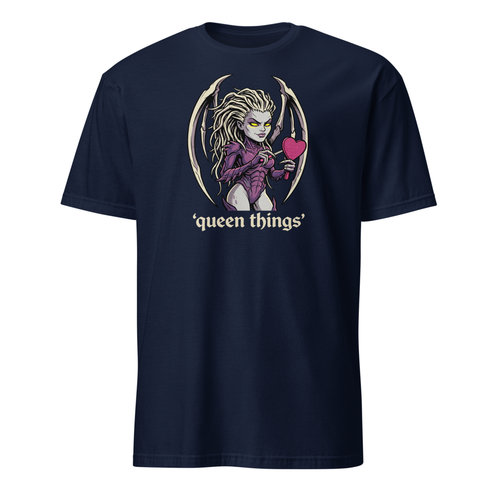 Queen Things Bone-Blade Vanity Boss Comic Ink Tee — navy front view