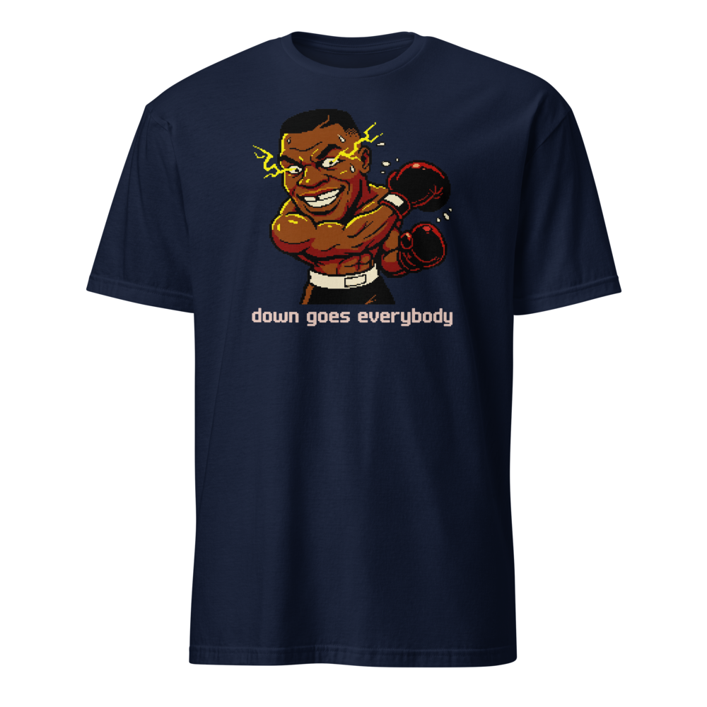 16-Bit Pixel Boxer Down Goes Everybody Retro Tee — navy front view
