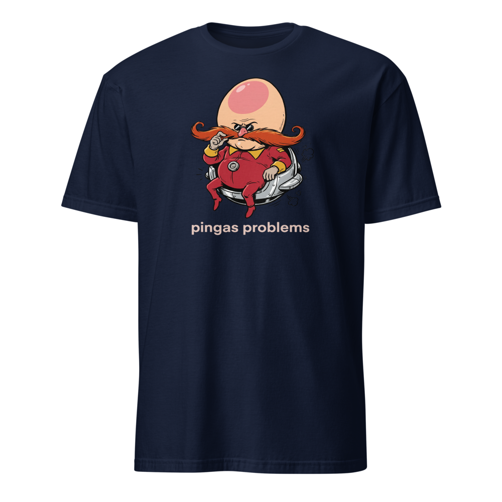 Egg-Shaped Villain Hover Pod Problems Tee — navy front view
