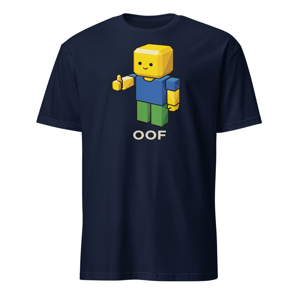 Low-Poly Blocky Noob Oof Sandbox Gamer Tee — navy front view