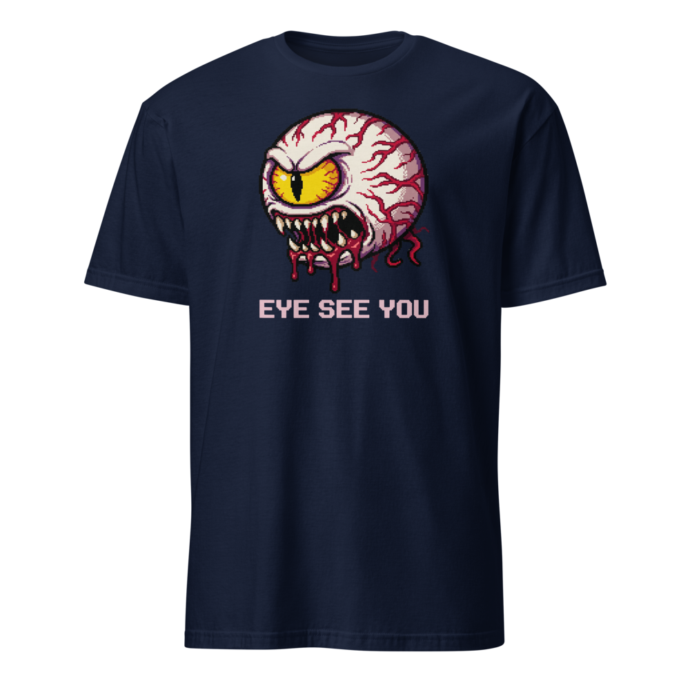 Eye See You Retro Pixel Boss Eyeball Gamer Tee — navy front view