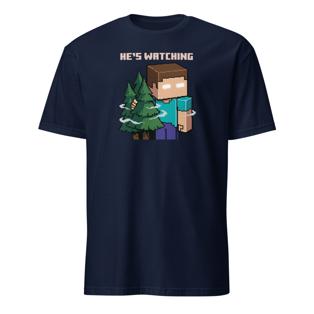 He's Watching Pixel Lurker Retro Sandbox Tee — navy front view