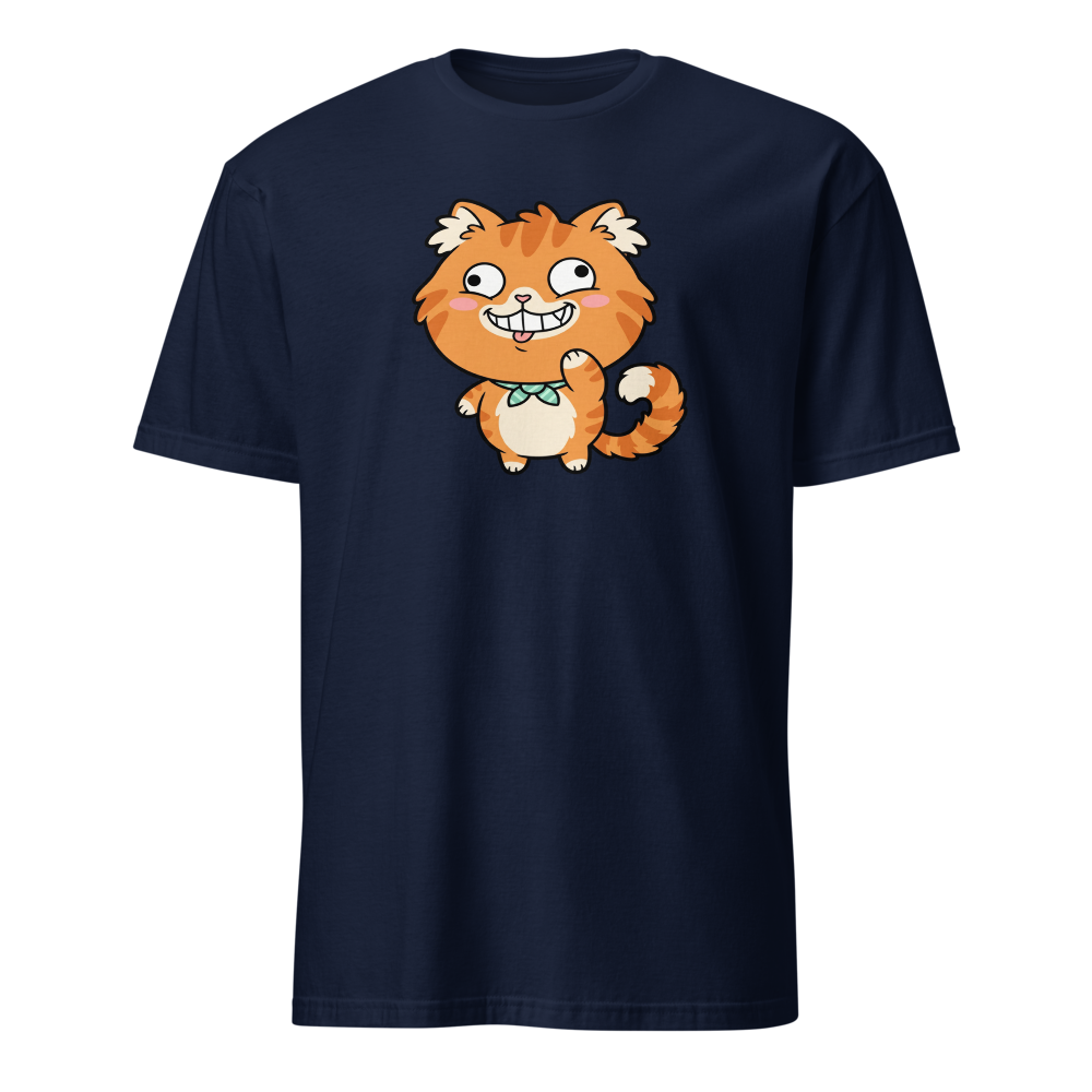 Derpy Orange Tabby Chibi Meme Cat Tee — Classic Tee — navy front view