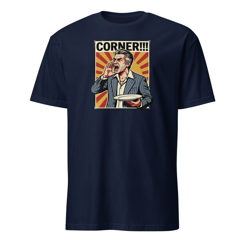 Corner Screaming Waiter Propaganda Fine Dining Tee — Classic Tee — navy front view