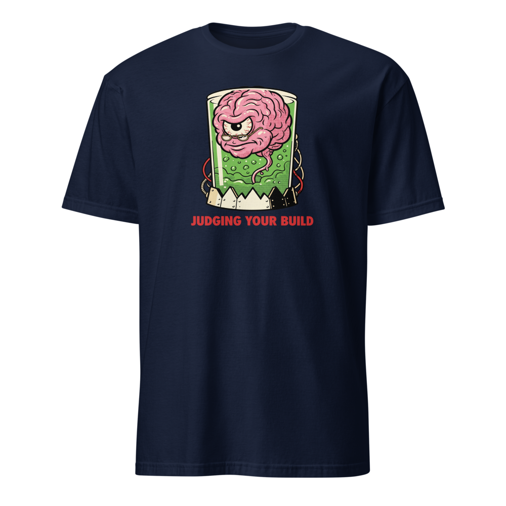 Judging Your Build Brain in a Jar Boss Tee — Classic Tee — navy front view