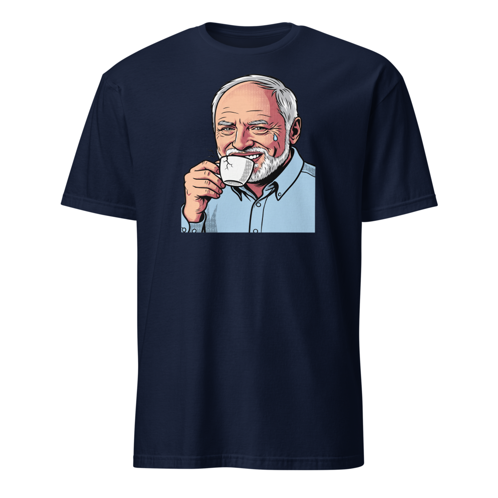 Fake Smile Coffee Guy Halftone Pop Art Meme Tee — navy front view