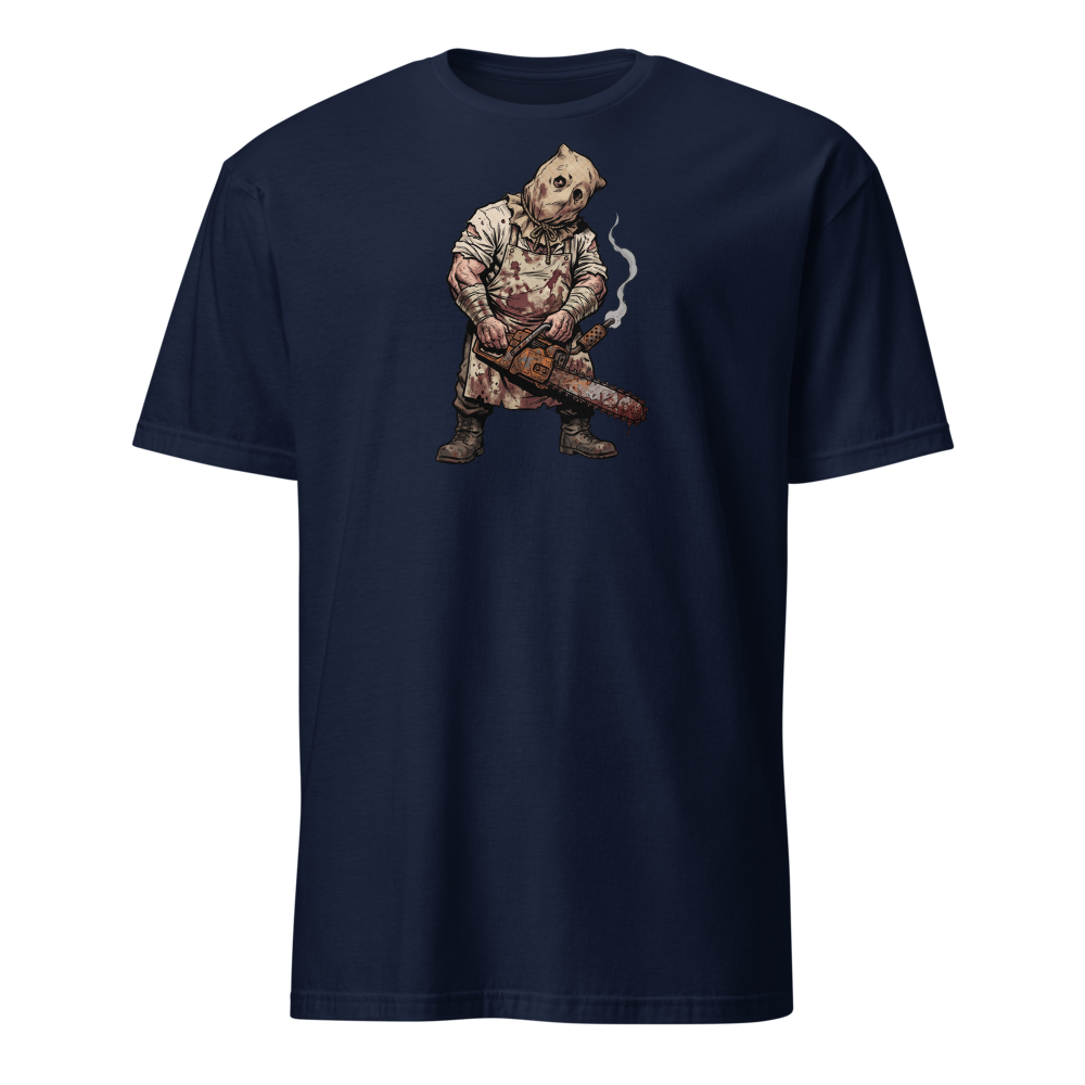 Sack Mask Chainsaw Executioner Horror Tee — navy front view