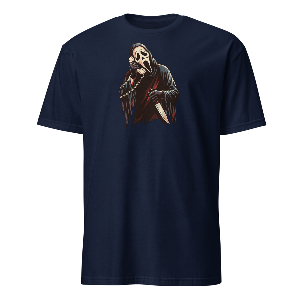 Masked Phone Caller On Hold Halftone Horror Tee — navy front view