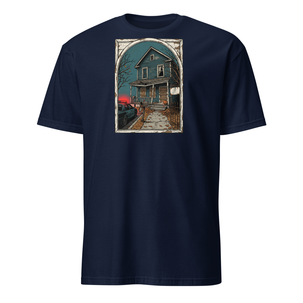 Haunted House Halloween Night Screen Print Horror Tee — Classic Tee — navy front view