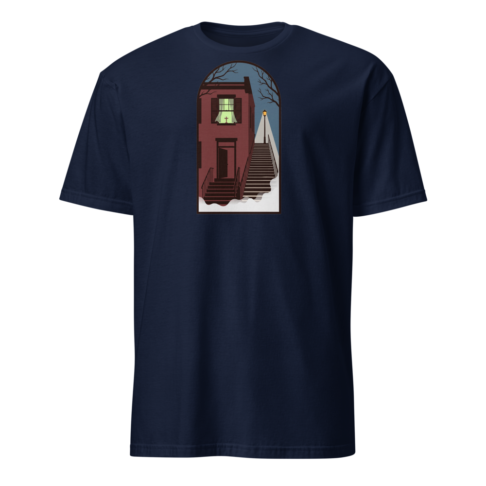 Haunted Row House Stone Stairs Horror Night Tee — Classic Tee — navy front view