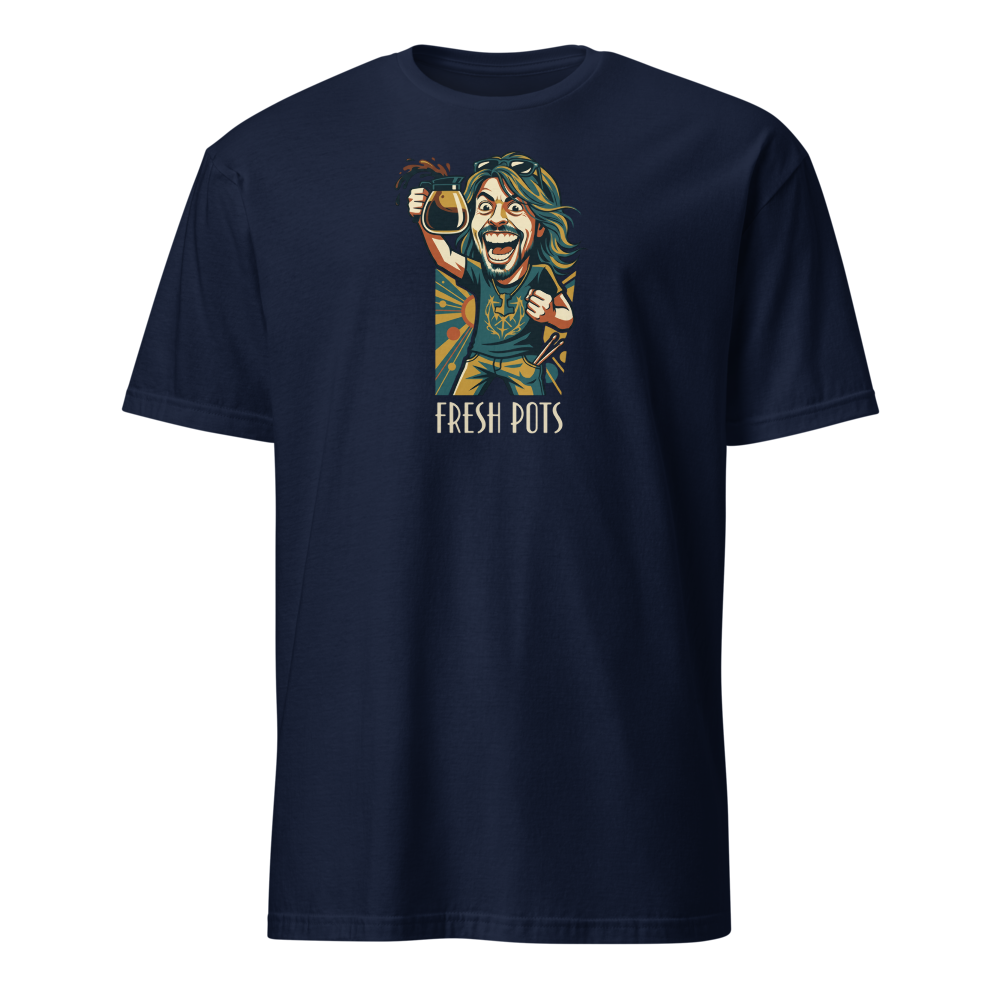 Fresh Pots Coffee Fueled Rock Drummer Art Deco Poster Tee — Classic Tee — navy front view