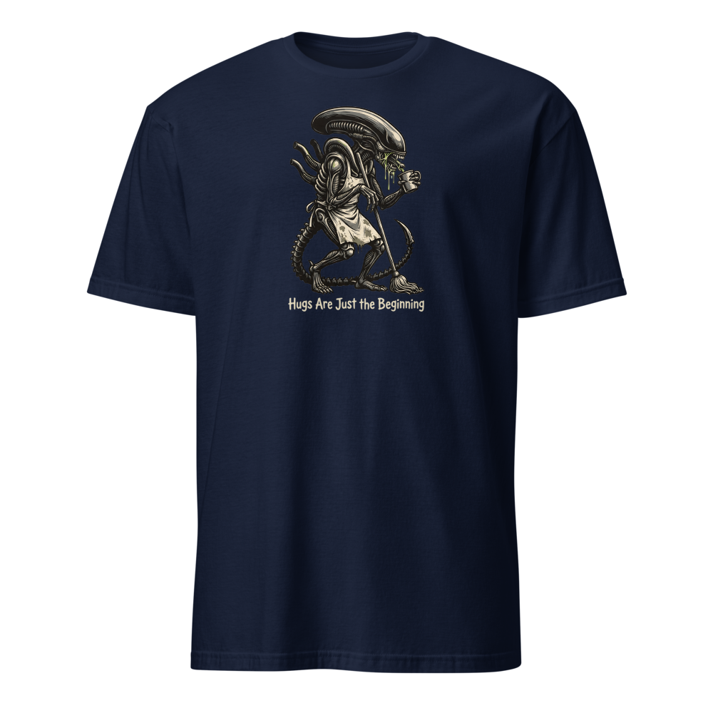 Night Shift Janitor Space Monster Coffee Break Tee — navy front view