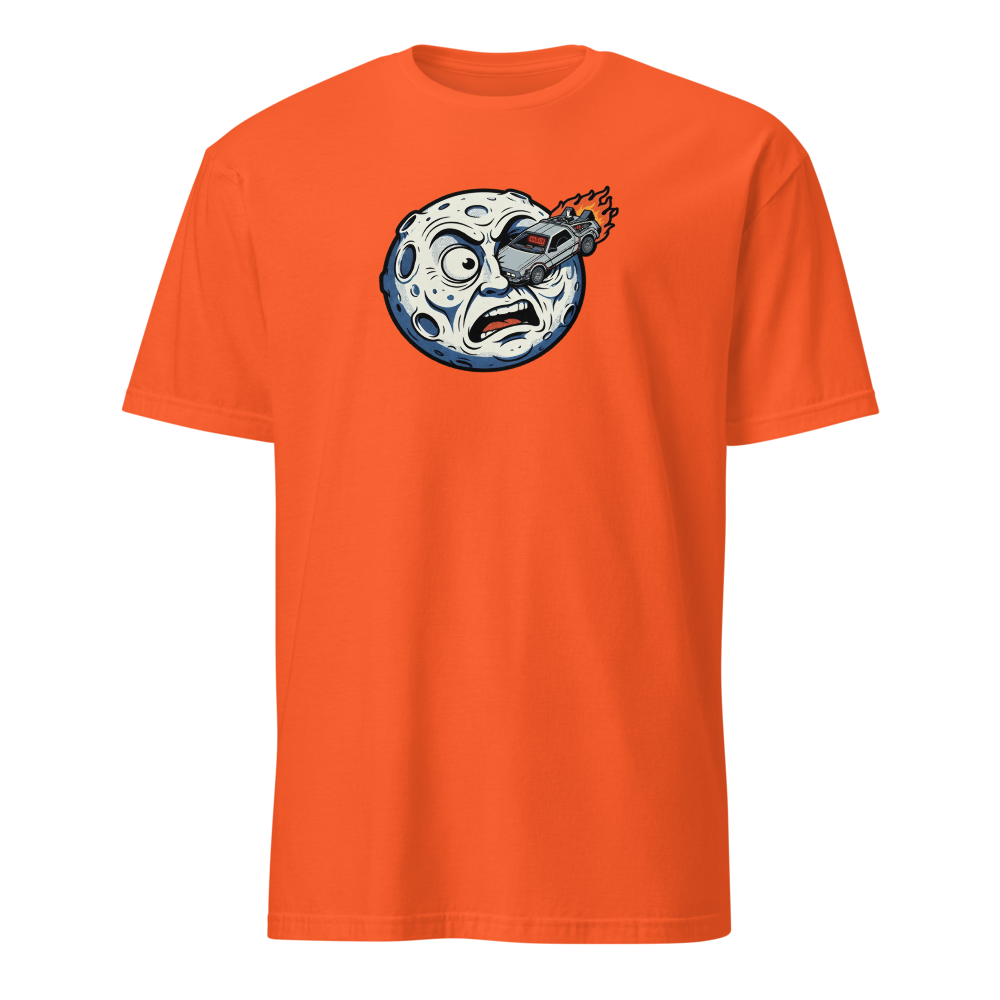 Silent Film Moon Crash Time Machine Movie Tee — Men's Basic Tee — orange front view