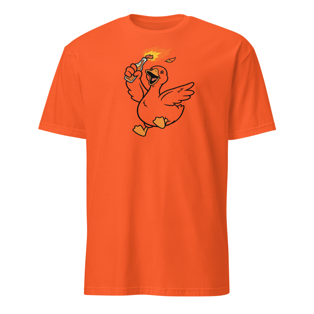 Feral Honking Bird Chaos Riot Graphic Tee — Men's Basic Tee — orange front view