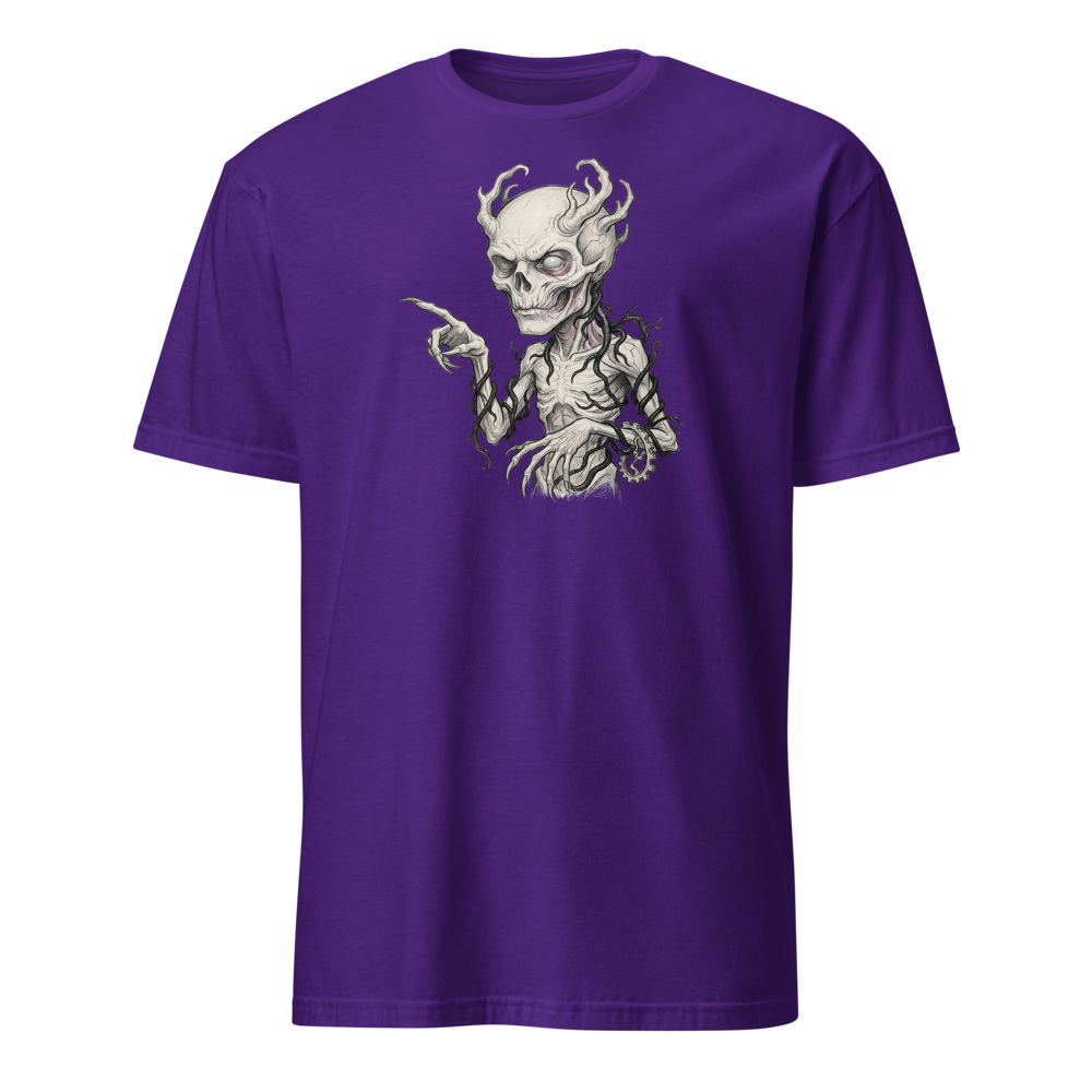 Vine-Wrapped Skull Villain Pencil Sketch Horror Tee — purple front view