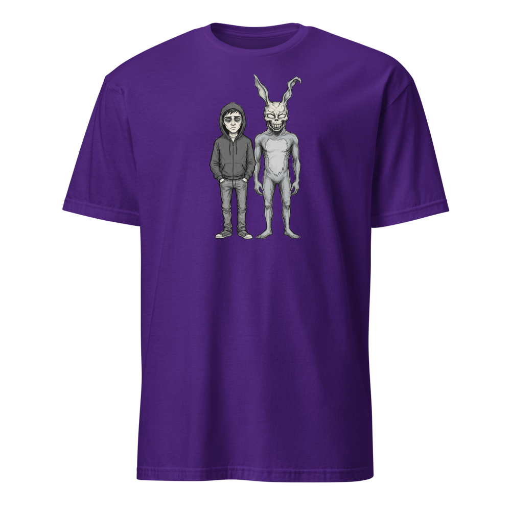 Doomed Teen and Demon Rabbit Sketch Cult Horror Tee — purple front view
