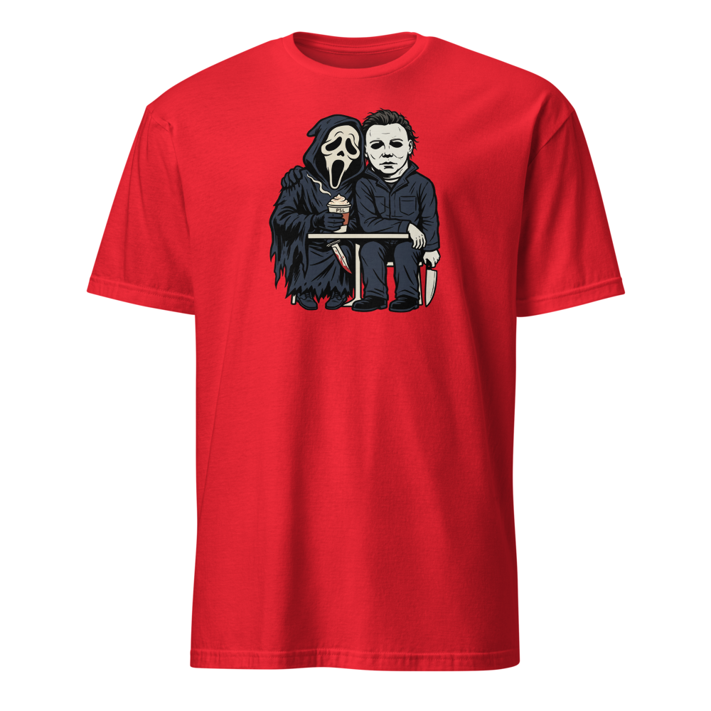 Masked Slashers Pumpkin Spice Latte Horror Tee — Men's Basic Tee — red front view