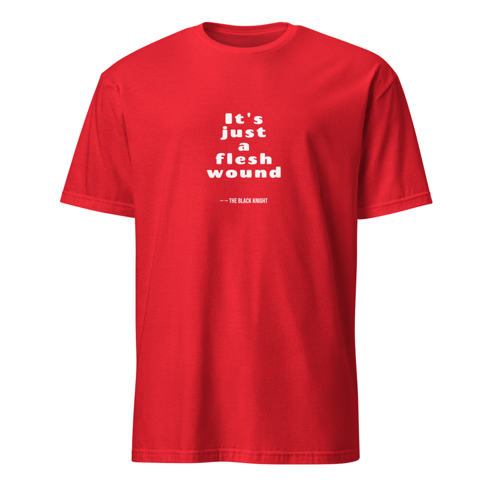Flesh Wound Cult Comedy Quote Tee — Men's Basic Tee — red front view