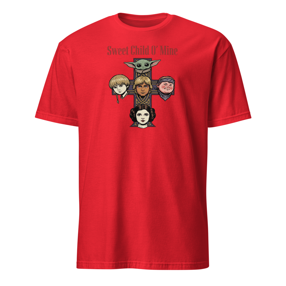 Sweet Child Sci-Fi Rock Cross album Parody Tee — red front view