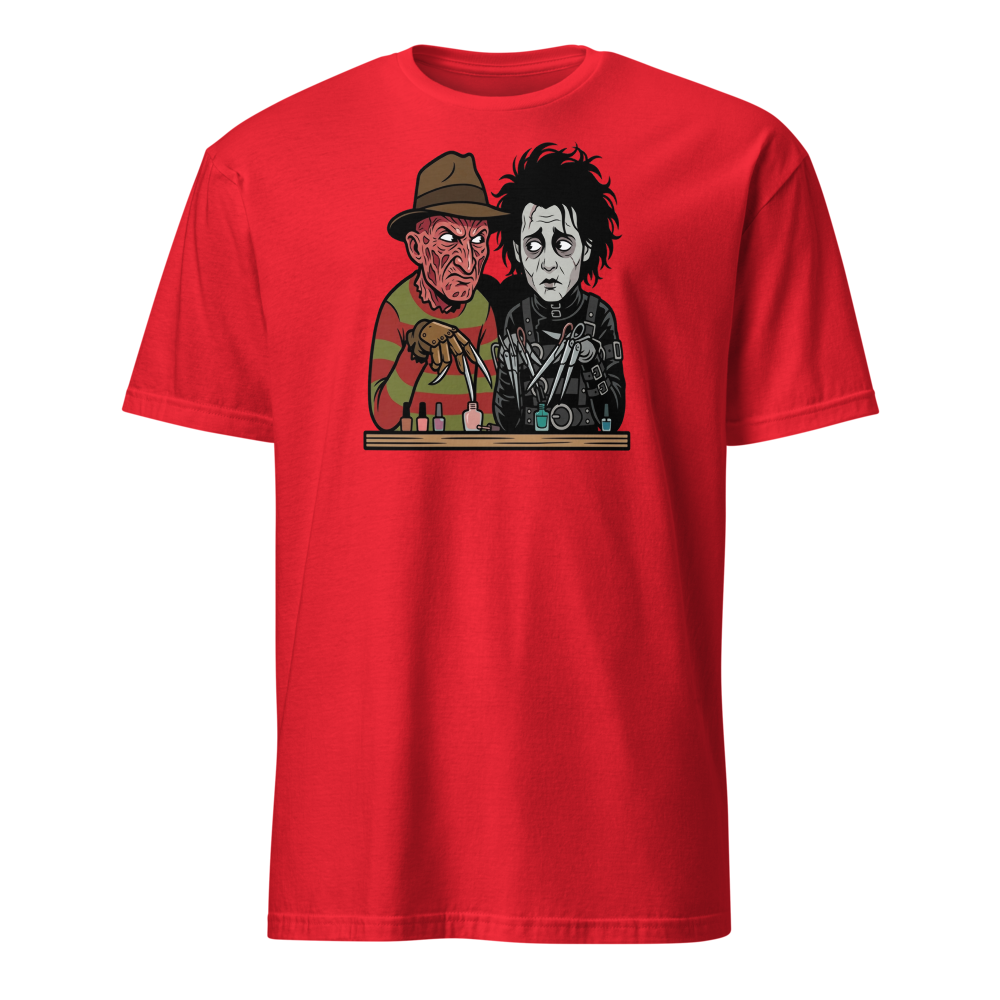 Bladed Villains Nail Salon Side-Eye Horror Tee — Men's Basic Tee — red front view