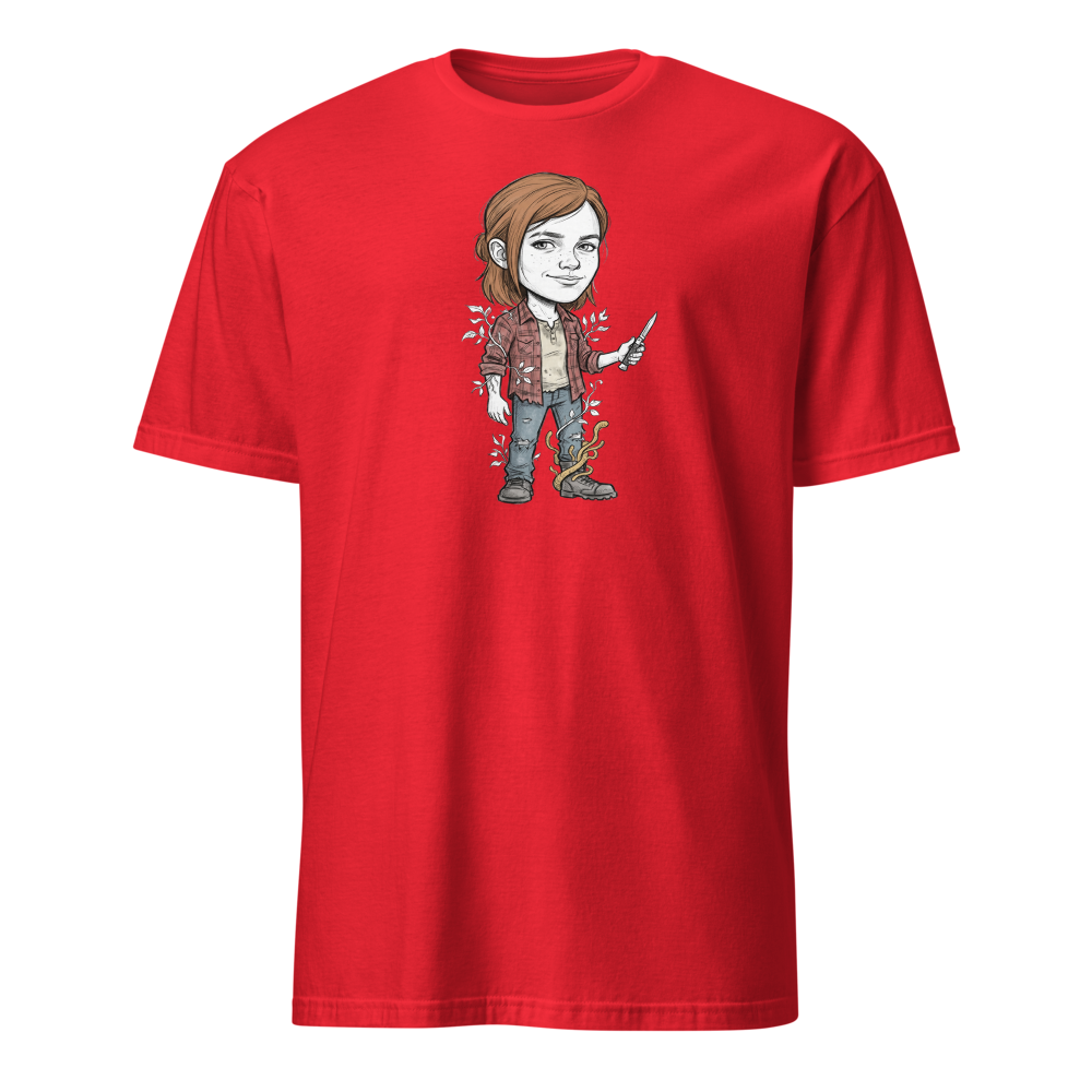 Post-Apocalyptic Survivor Girl Switchblade Sketch Tee — red front view