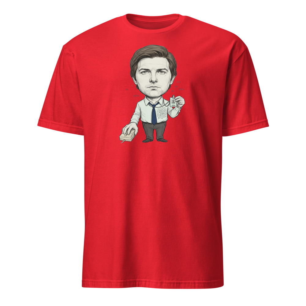 Split-Brain Office Drone Pencil Sketch Tee — red front view