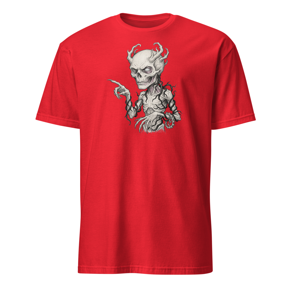 Vine-Wrapped Skull Villain Pencil Sketch Horror Tee — red front view