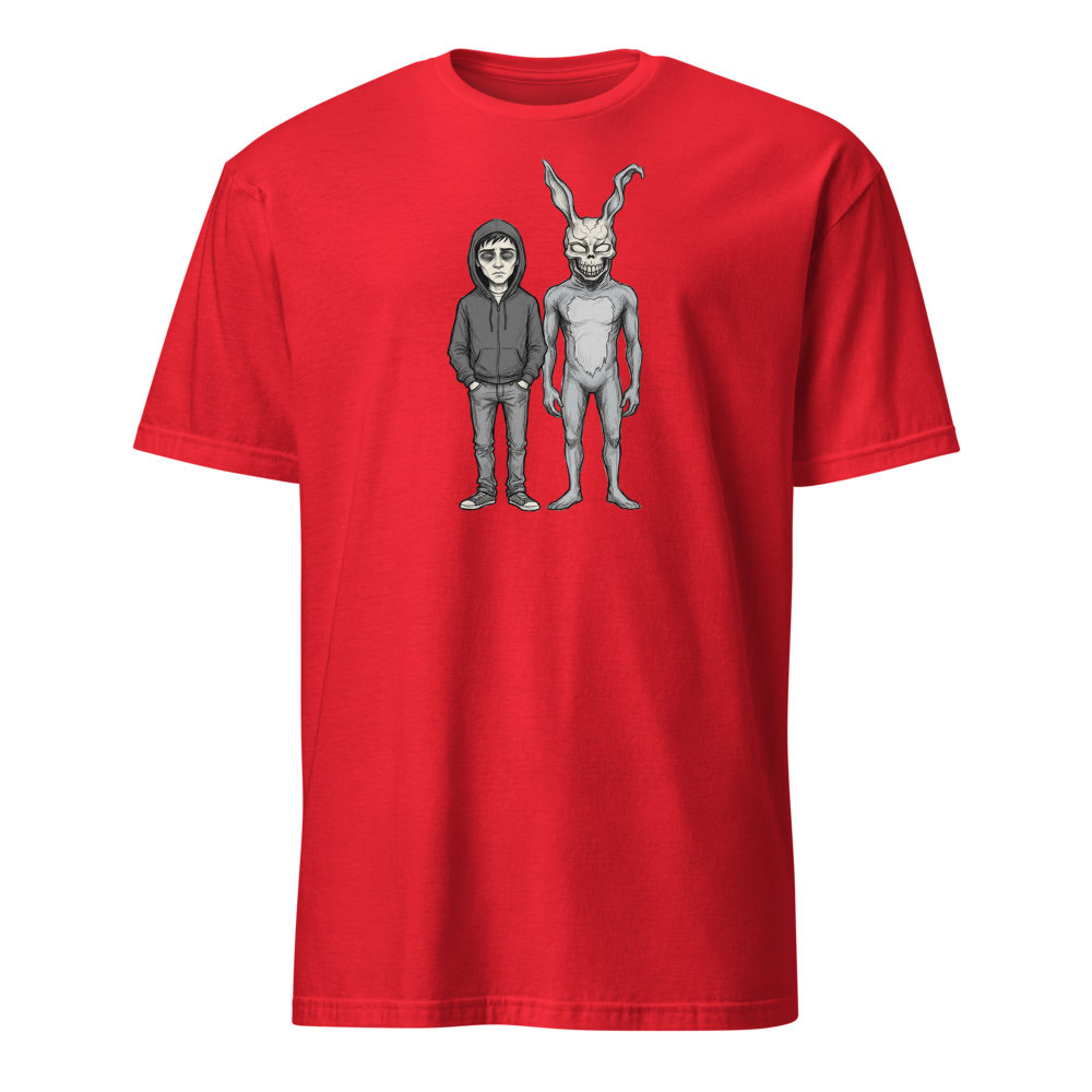 Doomed Teen and Demon Rabbit Sketch Cult Horror Tee — red front view