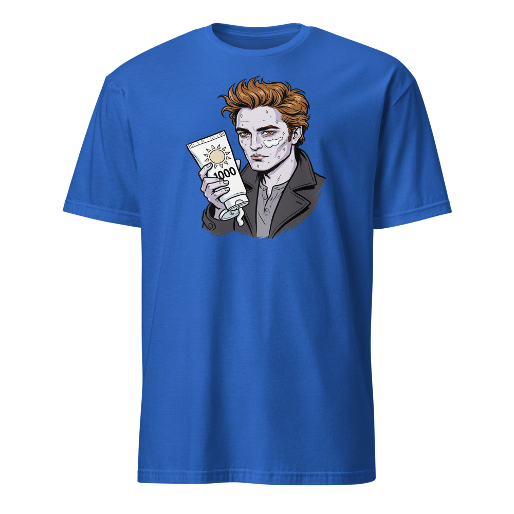 Sparkling Vampire SPF 1000 Sunscreen Parody Tee — royal front view