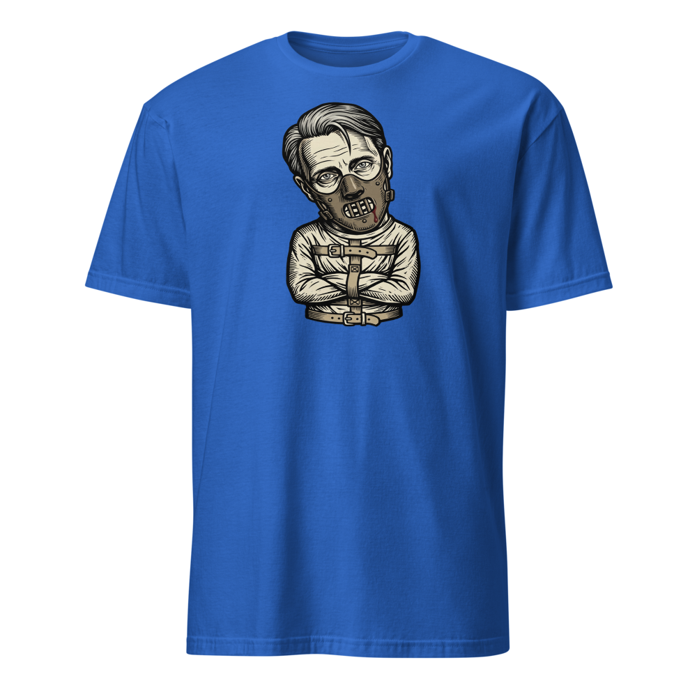 Polite Cannibal Muzzle Mask Linocut Horror Tee — royal front view