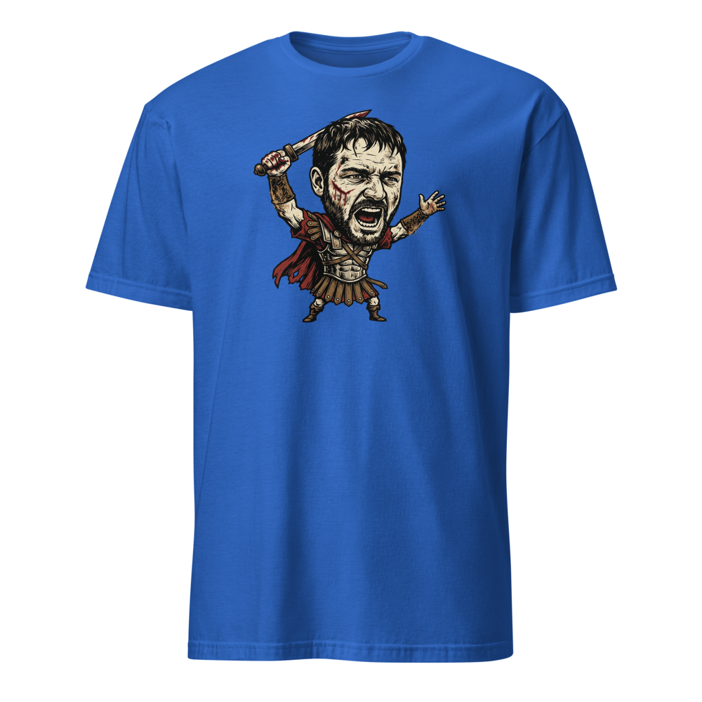 Arena Champion Woodcut Roman Warrior Roar Tee — royal front view
