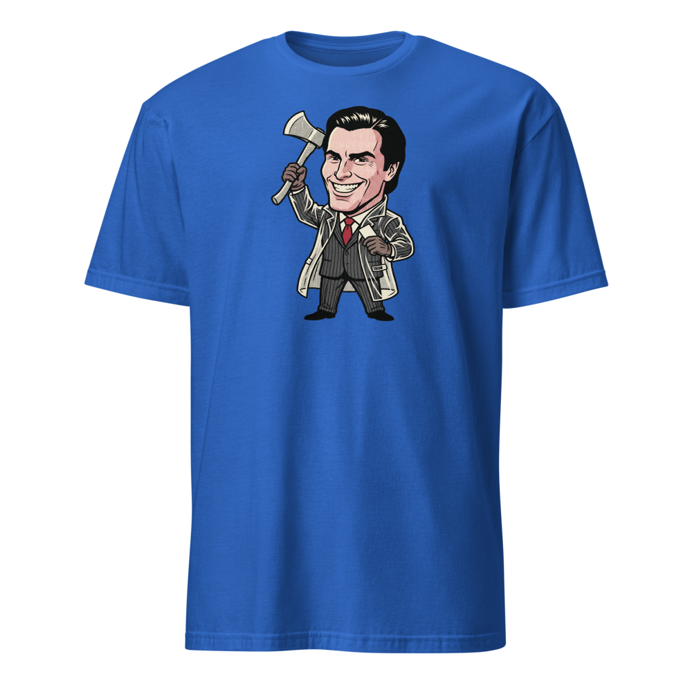 Wall Street Yuppie Axe Killer Pop Art Parody Tee — royal front view