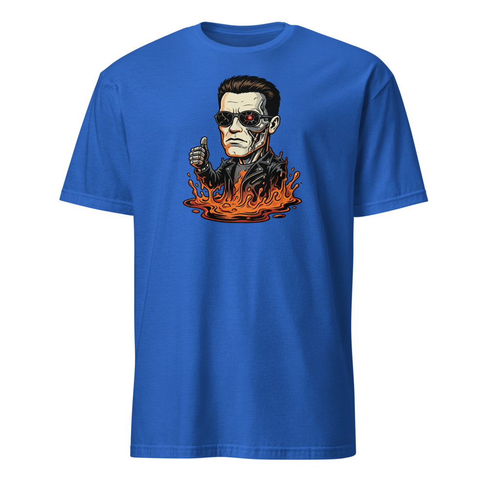 Molten Steel Thumbs Up Cyborg Comic Ink Tee — royal front view