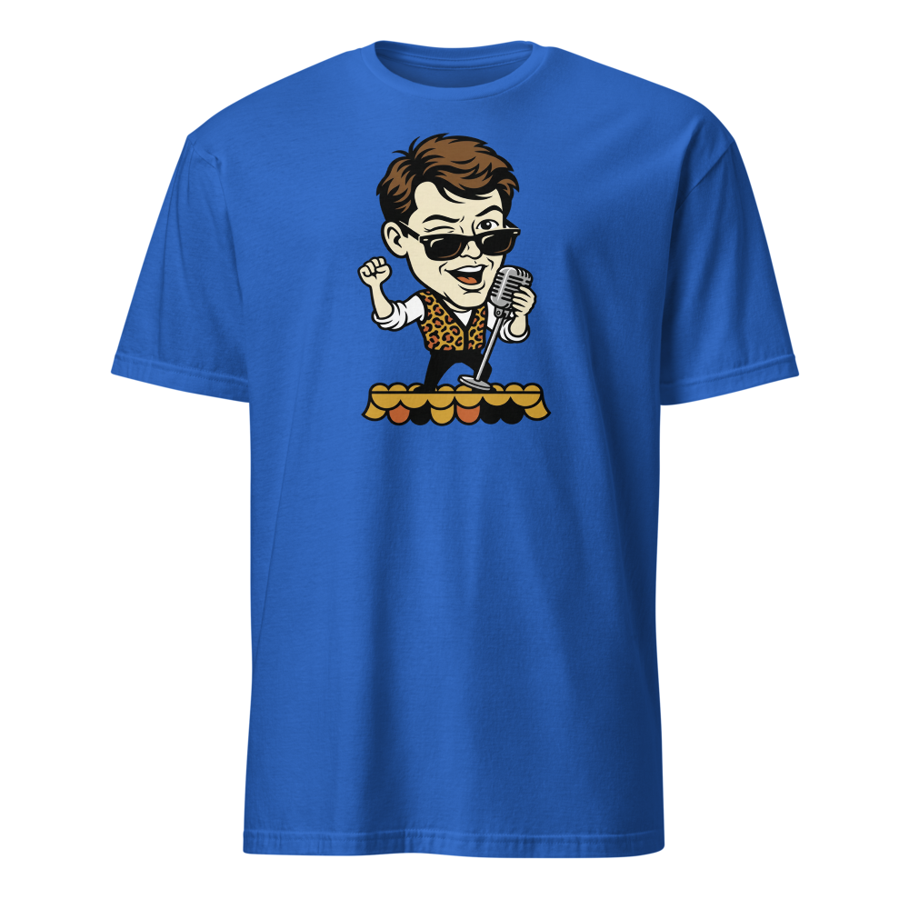 Parade Float Crooner Leopard Vest Retro 80s Tee — royal front view