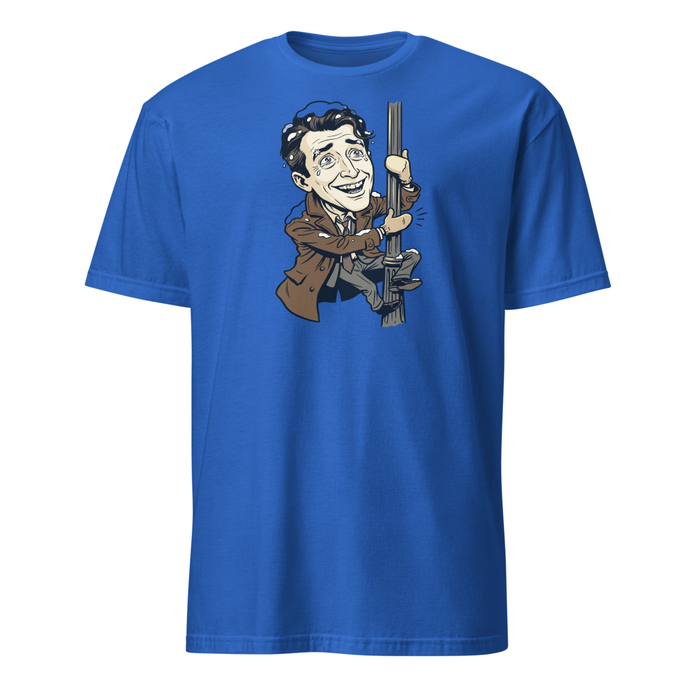 Snowy Lamppost Hug Christmas Movie Caricature T-Shirt — royal front view