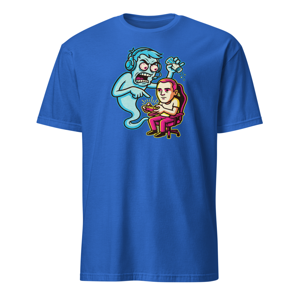 Salty Ghost Backseat Gamer Halftone Pop Art Tee — royal front view