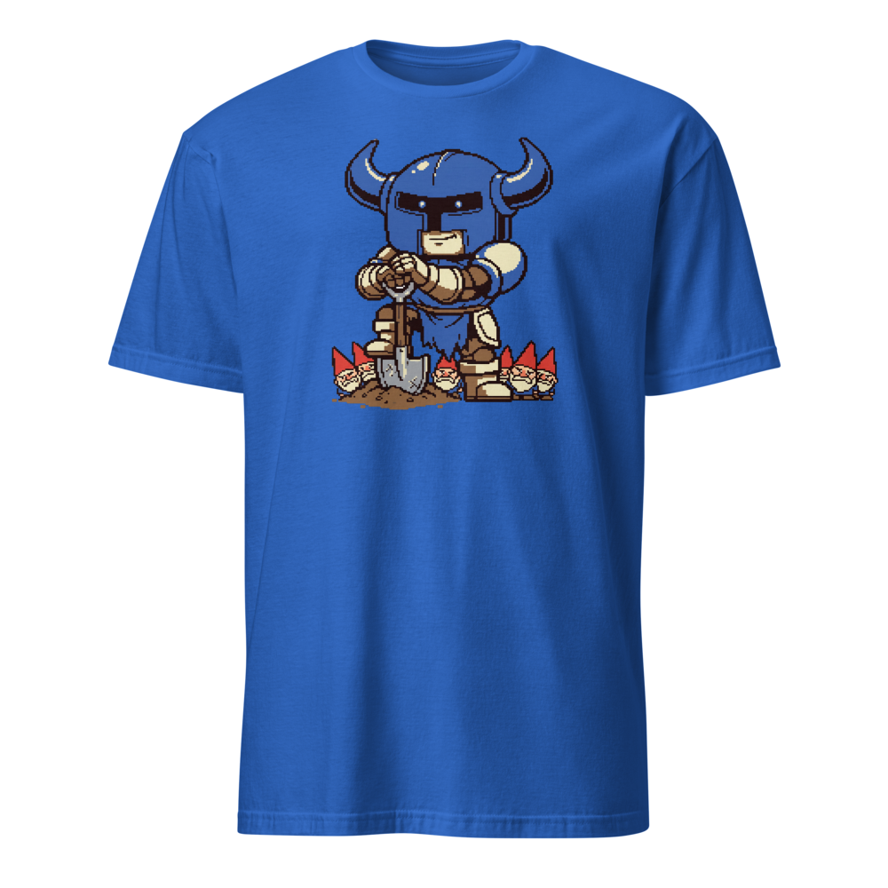 Pixel Knight Gnome Gardener Retro 16-Bit Gaming Tee — royal front view