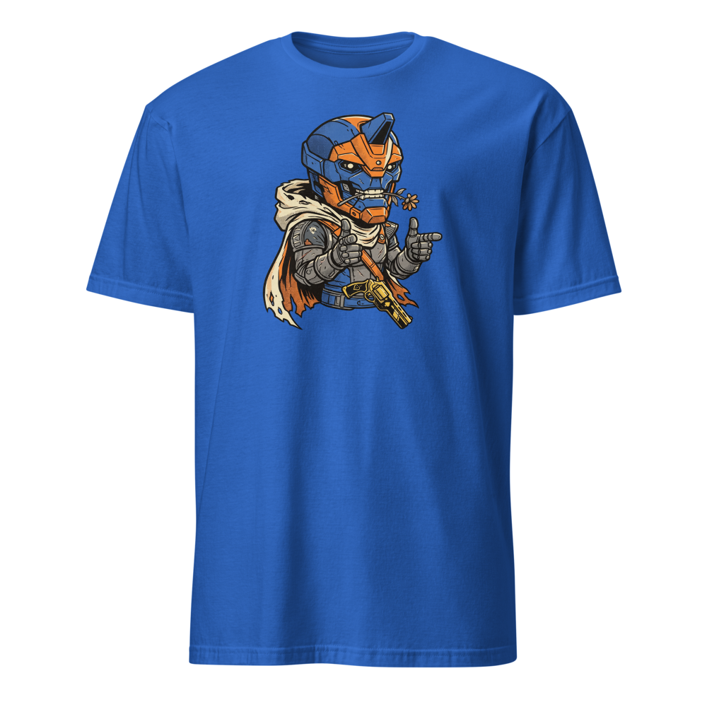 Wisecracking Exo Gunslinger Halftone Pop Art Tee — royal front view