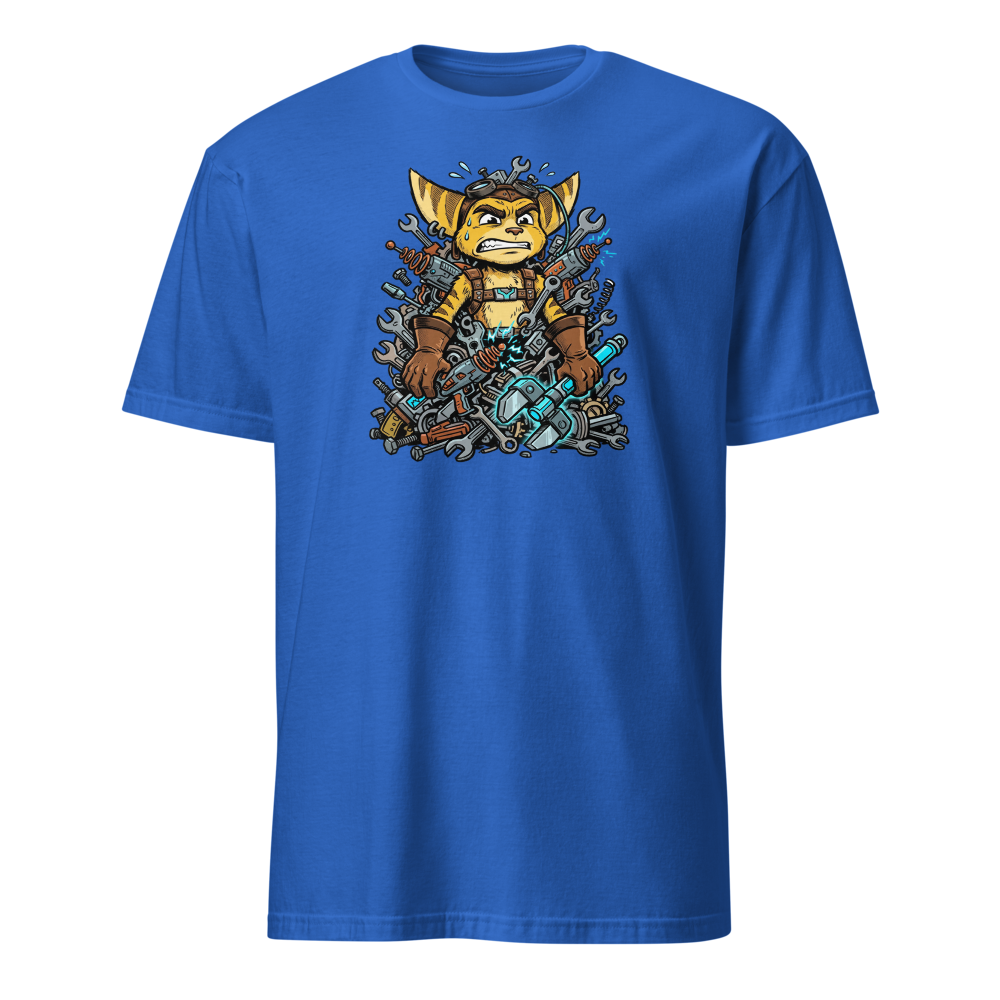 Overwhelmed Space Mechanic Wrench Pile Comic Tee — royal front view