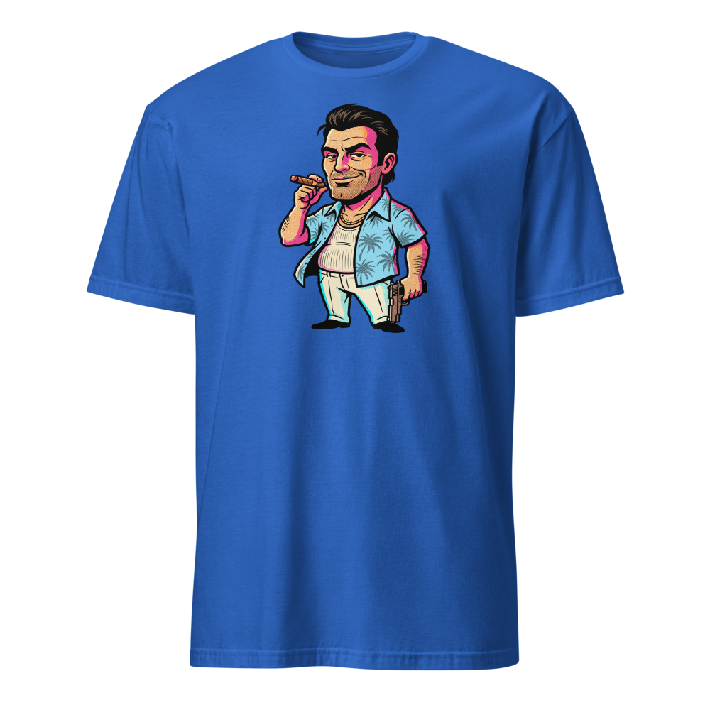 Tropical Mobster Halftone Pop Art Neon Miami Tee — royal front view