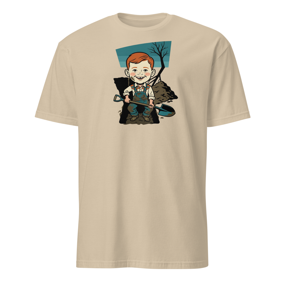 Suspicious Backyard Digger Vintage Poster Tee — sand front view