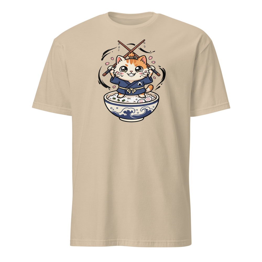 Chibi Ronin Chef Cat Chopstick Katana Anime Tee — sand front view