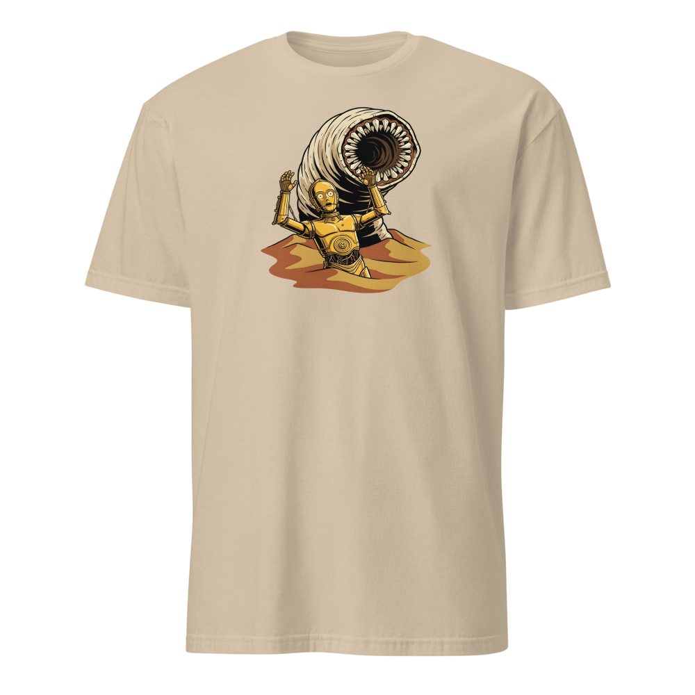 Golden Protocol Droid Desert Worm Peril Comic Tee â€” Sand front view